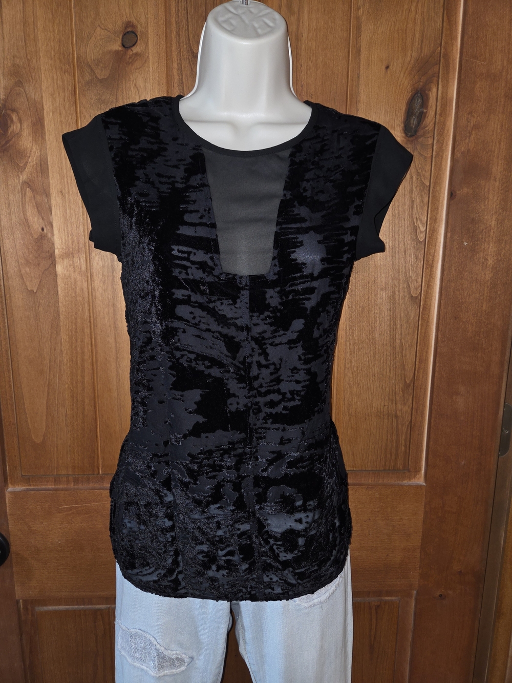 Vera Wang Black Velvet Mesh Inset Women's Top